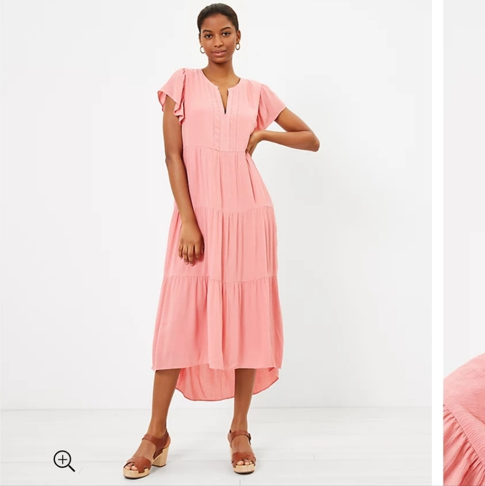 Loft Tiered Flutter Sleeve Midi Dress Pink size XS